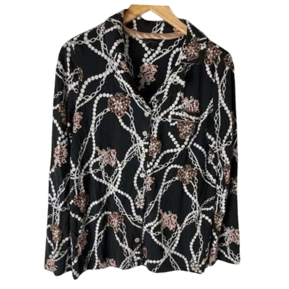 SOMA PAJAMA LOUNGE TOP SHIRT Soft Jersey Knit BLACK JEWELRY PEARLS PRINT sz M
